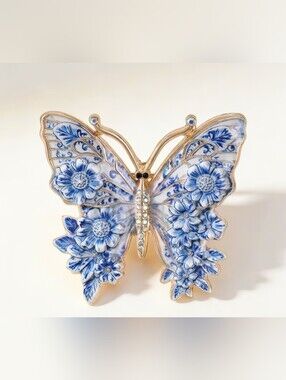 Gold-Tone Blue Floral Butterfly Brooch with Crystal Accents